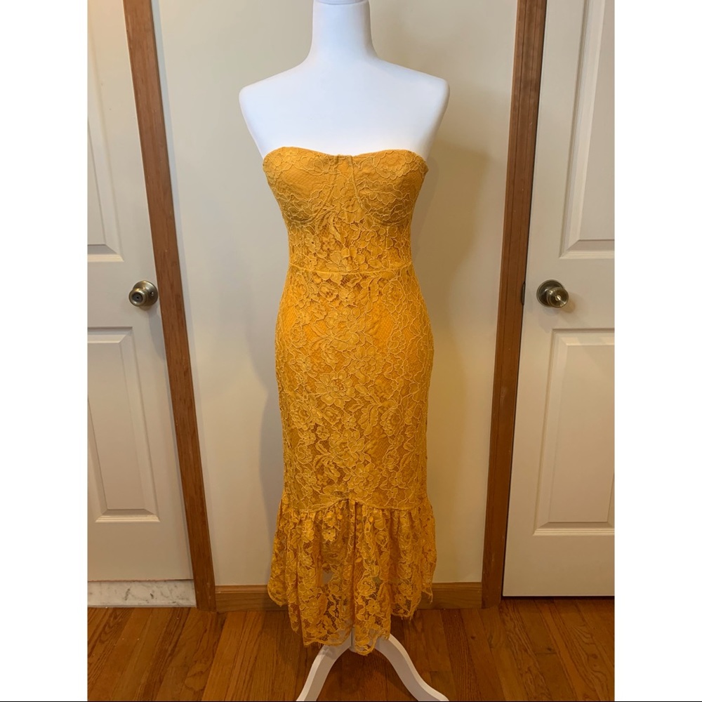 Golden Yellow Lace Strapless MIDI Dress